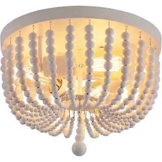 Boho Deckenlampe Wohnzimmer Holzperlen Weiß, Vintage Deckenleuchte | Vintage Design Hängelampe Landhaus Hängeleuchte Holzhaus Pendelleuchte Bauernhaus Küchenlampe Schlafzimmer Flurlampe 3-flame