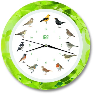 KOOKOO Singvögel Quarzwerk Leaf, Die Singende Vogeluhr, runde Wanduhr mit natürlichen Vogelstimmen