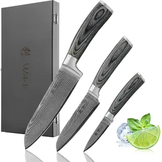 Wakoli EDIS 3er Damastmesser-Set I Holzbox I 8-17 cm Klinge I Pakkaholzgriffe