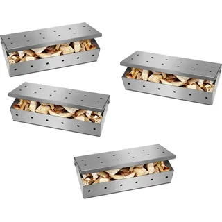 4 x Räucherbox aus Edelstahl für BBQ | Smokerbox 22x9,5x4,4cm mit praktischem Klappdeckel für Gas- und Holzkohlegrills | Räucherchips | verleiht ein rauchiges Aroma | belüfteter Deckel | Grillzubehör