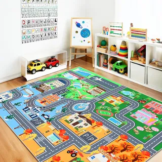 Kinder Autoteppich für Spielzimmer 140 x 200cm, Waschbare Spielmatte | Straßenteppich Kinder, Rutschfester Kurzflor Teppich für Kinderzimmer, Spielteppich für Jungen und Mädchen
