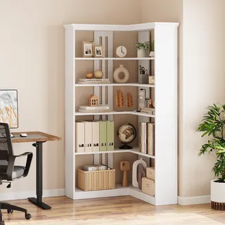 IDEALHOUSE L-förmiges Eck bücherregal 185 cm, Eckregal Bücherregal 5 Ebenen | Eckschrank Landhaus Holz-Bücherregal für Büro/Wohnzimmer, offene Ablagen, Stauraum