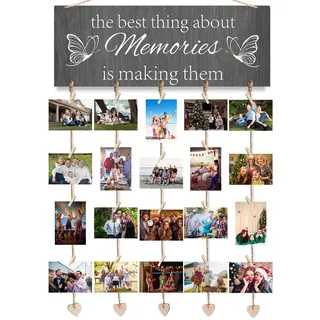 pclapora Fotowand mit Klammern, DIY Fotowand Fotogirlande, Bilderrahmen Collage Holzschild mit 20 Holzklammern Klein und 6 Hanf Seile, Fotos Aufhängen für Geburtstag, Hochzeit, Weihnachten, Party