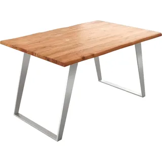 DeLife Esstisch Edge 140x90cm Akazie Natur Edelstahl Silber schräg Live-Edge - Silber/Hellbraun/Braun