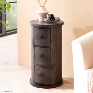FineBuy Design Sideboard Mango Massivholz Schwarz Schränkchen mit Schubladen Schmaler Beistellschrank Massiv Mini Kommode Rund - Schwarz