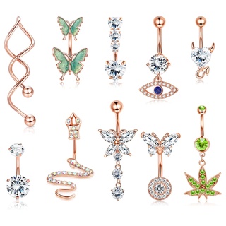 Adramata 10 Stück 14G Bauchnabelpiercing Chirurgenstahl Langer Anhänger Dangly Zirkonia Evil Eye Schlange Schmetterling Bauchnabelringe Piercing Roségold Bauchnabelpiercings Schmuck Set 10mm