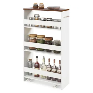 COSTWAY Nischenwagen 20cm breit, 4 Etagen Küchenwagen schmal, Servierwagen auf Rollen mit Griff&Geländern, Badregal Holz, 47,5x20x80,5cm (Weiß+Braun) - Weiß, Braun