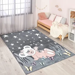 Carpet City Teppich Kinderzimmer Teddy-Bär - Grau, Rosa - 80x150 cm - Kinderteppich Kurzflor mit Sternen, Schmetterlingen - Weicher Flor