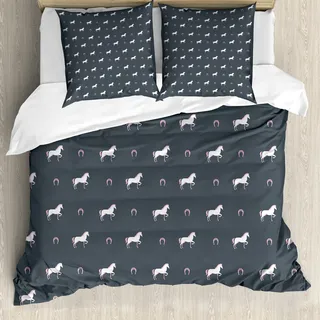 ABAKUHAUS Pferde Bettbezug, Wilde Mustang-Muster, Milbensicher Allergiker geeignet mit Kissenbezügen, 155 cm x 220 cm - 80 x 80 cm, Lila, Grau, Weiß Rosa