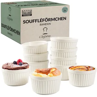 Chefarone® Soufflé Förmchen 10er Set Weiß – Creme Brulee Schälchen aus Keramik 170 ml – Mini Auflaufformen Ofenfest Stapelbar Spülmaschinenfest – Förmchen zum Backen & Servieren (9×7,5×5cm)