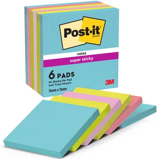 Post-it Super Sticky Notes, 6 Blöcke (540 Blatt), 76 x 76 mm