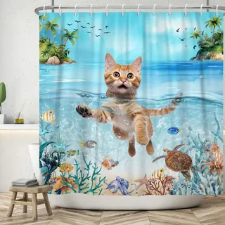 ASDCXZ Duschvorhang Katze 180x200 cm, Lustig Niedlich Katze Sommer Ozean Palmen Meerestiere Koralle Waschbar Bad Duschvorhänge Polyester Textil Wasserdicht Duschvorhang für Badewanne mit 12 Haken