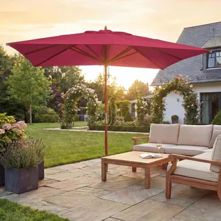 Gastronomie Holz-Sonnenschirm HWC-C57, Gartenschirm, Polyester/Holz 28kg, eckig 4x4m Seilzug stoßsicher bordeaux - Rot