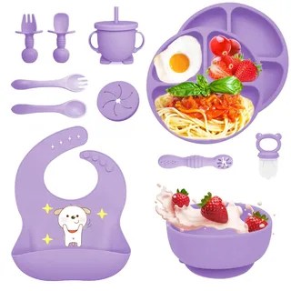 Bizcasa 12 Stück Silikon Baby Geschirrset, Rutschfest Kindergeschirr Set, Kindergeschirr mit Saugnapf, Rutschfest Baby Schüssel,Baby-Teller, Baby-Besteckset für Kleinkinder, BPA Frei (Lila)