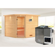 Bild Sauna Leona mit Klarglastür und Kranz Ofen 9 kW Bio externe Strg modern, aus hochwertiger nordischer Fichte beige