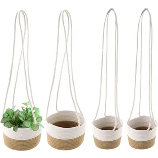 HEIYUET 4 Stück Pflanzkorb Hängend Innen, 2 Größen Baumwollseil Blumentöpfe Hängend Aufbewahrungskorb, Boho Baumwolle Hängeampel Blumenampel Hängetopf für Innen Zimmerpflanzen