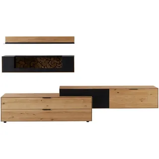 Valdera Wohnwand , Schwarz, Eichefarben , Metall , Wildeiche , massiv , 4 Schubladen , 317.3x130x45.2 cm , Goldenes M, EN 71 , Typenauswahl, Beimöbel erhältlich, umfangreiches Zubehör erhältlich , Wohnzimmer, Wohnwände, Komplette Wohnwände