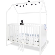 Babyzimmer Möbel Set Kinderzimmer 'Hilda & Viktoria' breit, mit Hausbett, Wickelkommode und Schrank, weiß