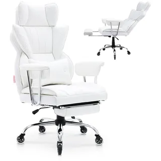 VEVOR Bürostuhl PU Leder Weißer Chefsessel mit Fußstütze, Schreibtisch Drehsessel Höhenverstellbar 0–80 mm, 181,43 kg Tragfähigkeit, Chefsessel Bürostuhl 860 x 610 mm Rückenlehne Drehsessel
