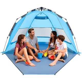 VEVOR Pop-Up Strandmuschel Sonnenschutz für 4 Personen, UPF 50+ Schutz, Tragbares Strandzelt mit Tragetasche & Bodenverankerungen, Leichter Strandsonnenschirm für Camping Angeln Picknick, Sonnenzelt