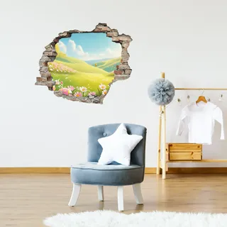 Queence 3D-Wandtattoo "Wiese im Frühling" Selbstklebender Wandsticker Ostern Wanddurchbruch 60x50cm, bunt