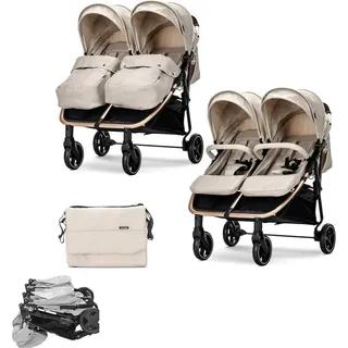 Lorelli Zwillingskinderwagen Duo klappbar verstellbar Fußabdeckung Wickeltasche creme