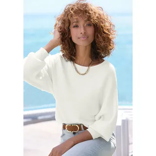 Strickpullover VIVANCE, Damen, Gr. 44/46, weiß (creme), Rippstrick, Obermaterial: 80% Viskose, 20% Polyamid, unifarben, figurumspielend hüftlang, U-Boot-Ausschnitt, Fledermausärmel, Pullover Strickpullover, mit U-Boot-Ausschnitt, Fledermausärmel, Streifenoptik, Oversize, Topseller