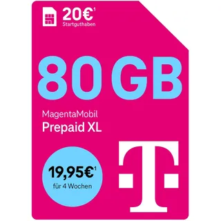 Telekom MagentaMobil Prepaid XL mit 80 GB Highspeed-Volumen | 5G/LTE Max & Allnet Flat in alle dt. Netze | unverbrauchtes Datenvolumen weiter nutzen | EU Roaming & Hotspot Flat | 20 EUR Startguthaben