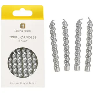 Talking Tables 8 x gedrehte, spiralförmige Geburtstagskerzen in Silber, Kuchendekor, spiralförmige Cupcake-Dekoration, Tortenaufsatz, metallische Kerze