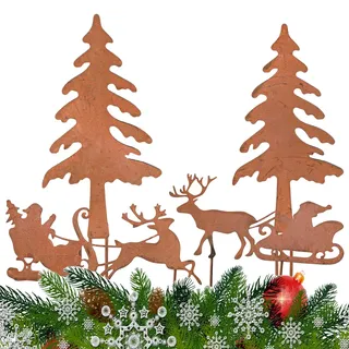 Zidoley Gartenstecker Weihnachten Hirsch Deko - Outdoor Weihnachtsdeko Garten, Rost Weihnachtsbaum Kerzen Rentiere Gartenstecker, Elch und Tanne Roststecker Weihnachtsdeko für Draußen Gartendeko (4)