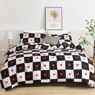 Freyamy Bettwäsche 200x200cm 3teilig Schwarz Weiß Rot Herz Kariert Wendebettwäsche Liebe Gitter Bettwaren-Sets 100% Microfaser Mädchen Bettbezug mit Reißverschluss und Kissenbezug 80x80cm