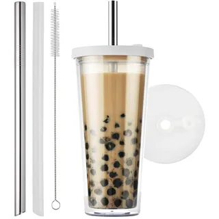 ALINK Bubble Tea Cup, Trinkbecher mit deckel und strohhalm, Leakproof Clear Plastic Bubble Tea Tumbler, Double Wall Insulated Smoothie Tumbler-680 ML