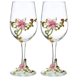 XUDREZ Weinglas-Set, handgefertigt, bemalt, Emaille, Blume, Gin-Ballon, Rotweinglas, 2er-Set, Geburtstagsgeschenke für Frauen, Mutter, Freunde, Muttertag, bleifrei (rosa Lilie (2er-Set)