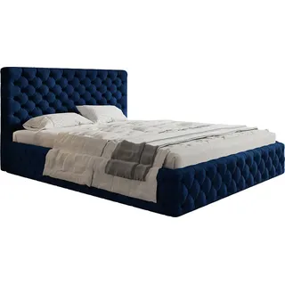 Polsterbett MIAMI-SLIM mit Kopfteil, 160x200 cm, Doppelbett mit Bettkasten und Lattenrost aus Holz, Velourstoff Dunkelblau - Dunkelblau