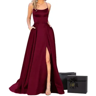 W&TT Damen Spaghetti Satin Lange Ballkleider Rückenfreies Abend Brautjungfer Pageant Kleid mit