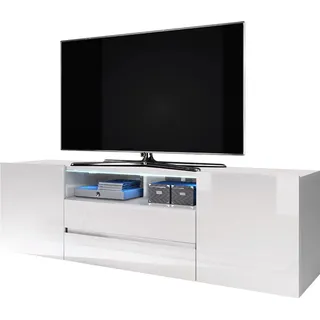 Selsey BROS - TV-Lowboard/Fernsehschrank Weiß Matt/Weiß Hochglanz mit LED-Beleuchtung, Stehend Modern