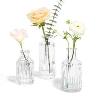 Comsaf Kleine Vasen Deko für Tischdeko-3er Set, Mini Glasvase, Klar Blumenvasen Glas für Tischdeko Hochzeit, Party, Rosen, Tulpen, Verschiedene Größen, Transparent