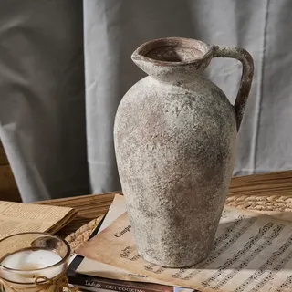 porcer 24,6 cm Antike Keramikvase Mit Griff - Terrakotta, Boho-Dekor, Bauernhaus-Stil, Rustikale Vase für Heimdekoration, Wohnzimmer, Eingangsbereich, Hochzeit - Used-Design, Grau