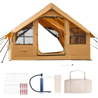 SucceBuy Aufblasbares Campingzelt für 5-8 Personen, 4x3x2,2 m Glamping-Zelt mit Handpumpe, Oberlichtern, Baldachin, Ofenanschluss, Türen, Netzfenstern und Tragetasche - Gelb