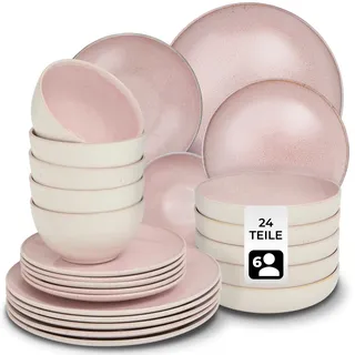 tectake® 24-teiliges Tafelservice 6 Personen, Steingut Geschirrset 6 Personen, handgefertigtes Teller Set mit Schüsseln, Geschirr Set spülmaschinen- und mikrowellengeeignet - Coral Blush