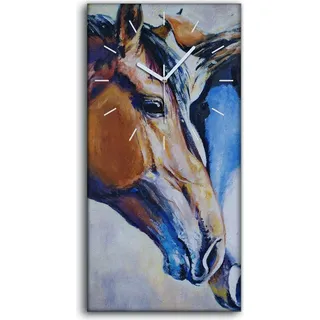 Dekor Leinwand Uhr Wandbilder Geräuschlos 30x60 Tiere Malen Zwei Pferde - weiße Hände - Braun