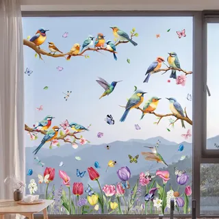 Hianjoo Fensterbilder Frühling Deko Selbstklebend, Vogel Blumen Aufkleber Fenster Fensterbilder Kinder, Fenstersticker Fensterfolie Wiederverwendbar für Fensterdeko
