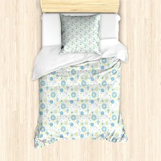 ABAKUHAUS Gelb und Blau Mantele, floral Scrapbook, Milbensicher Allergiker geeignet mit Kissenbezügen, 135 cm x 200 cm - 80 x 80 cm, Blau, Gelb, Hellgrau - Gelb