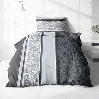 Träumschön Biber Bettwäsche Set 2tlg 135x200 cm + 80x80 cm – Flauschige Paisley Bettwäsche Silber – Weiche Winterbettwäsche - Atmungsaktiv, Warm & Hautfreundlich - 100% Baumwolle