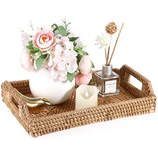 Sumnacon Rechteckiges Rattan-Serviertablett mit Griff, Tisch, Schreibtisch-Organizer, Tablett für Kaffee, Getränke, Frühstück, Tee, Kerze