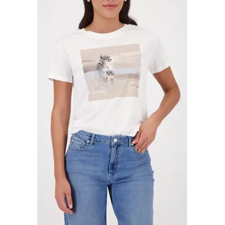 T-Shirt MONARI "Shirt Leo platziert", Damen, Gr. 42, off, weiß, Web, Obermaterial: 50% Baumwolle, 50% Modal, unifarben, regular fit taillenbedeckt, Rundhals, eingesetzt abgesteppte Kante, Shirts T-Shirt, Regular fit mit Leopardenprint