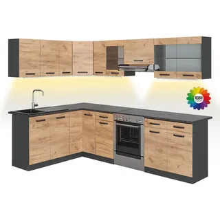 Vicco Eckküche Rick Anthrazit/Goldkraft Eiche 267 x 167 cm , AP Schwarz mit LED-Leisten , Honigeiche , Holzwerkstoff , L-Form,Formgebogen , 270x81.6x60 cm , Küchen, Küchenzeilen & Küchenblöcke, Eckküchen, Eckküchen ohne Geräte