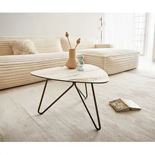 DELIFE Couchtisch Ekrem 65x65 cm Keramik Calacatta Luxe Weiß-Gold-Grau Hairpin rund Metall Effektfinish Titan - Weiß