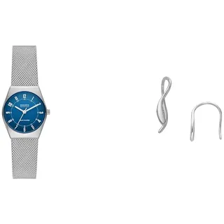 Skagen Damenuhr Grenen Lille Solar und Ohrringe Essential Waves, silberfarbener Edelstahl, Set