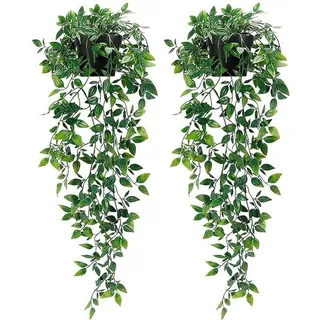 Unyqoos® Künstliche Hängepflanzen 2er-Set, grün, 85 cm – mit Töpfen & Makramee‐Hängern, pflegeleicht, farbecht für Innen & Außen, matte Töpfe - Grün